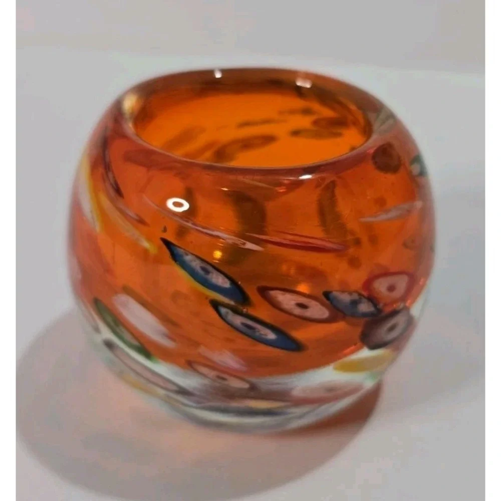 Orange Art Glass Votive Candle Holders Abstract Multicolor Dots